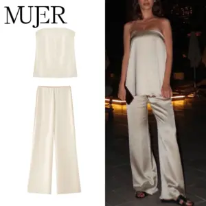 MUJER 2025 conjuntos de pantalones de mujer, pantalones de cintura alta de satén de verano para mujer, pantalones casuales de vacaciones, pantalones de pierna recta para mujer