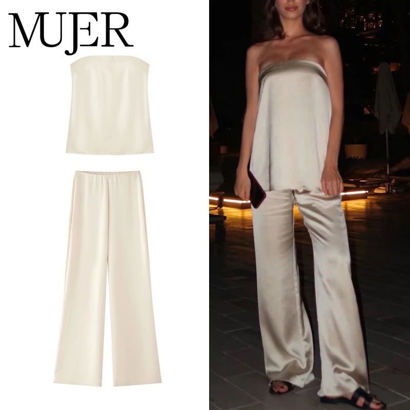 MUJER 2025 conjuntos de pantalones de mujer, pantalones de cintura alta de satén de verano para mujer, pantalones casuales de vacaciones, pantalones de pierna recta para mujer