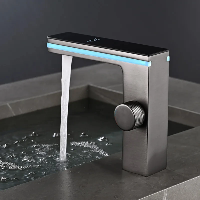 Grifo de lavabo de baño con pantalla Digital, LED inteligente, montado en cubierta de latón, grúa de lavabo, mezclador de agua fría y caliente, grifo de tocador para fregadero - Imagen 3
