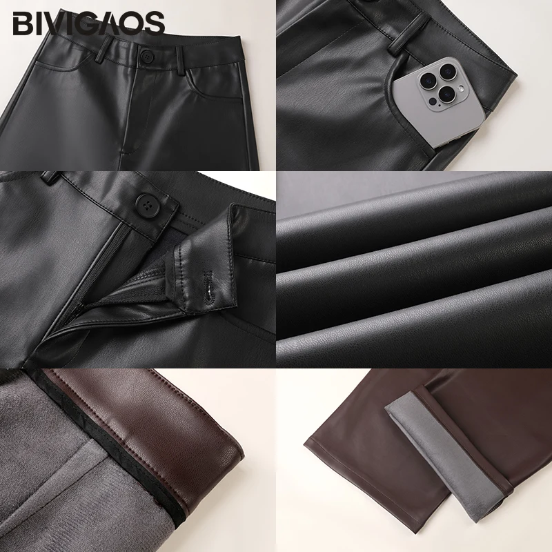 BIVIGAOS Otoño Invierno polar suelto pierna ancha pantalones de cuero cálidos mujeres botón bolsillo cintura alta grueso PU Casual Pantalones rectos - Imagen 6