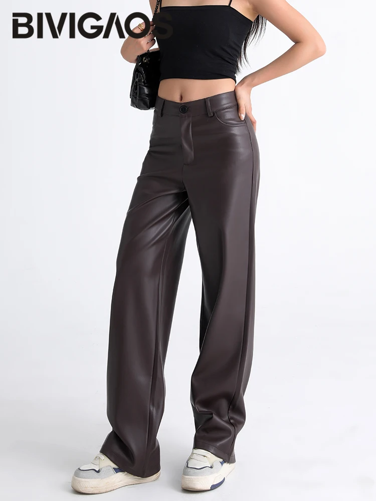 BIVIGAOS Otoño Invierno polar suelto pierna ancha pantalones de cuero cálidos mujeres botón bolsillo cintura alta grueso PU Casual Pantalones rectos - Imagen 3