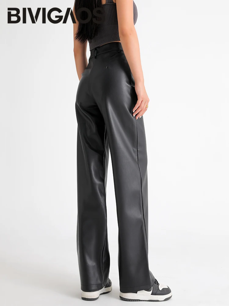 BIVIGAOS Otoño Invierno polar suelto pierna ancha pantalones de cuero cálidos mujeres botón bolsillo cintura alta grueso PU Casual Pantalones rectos - Imagen 2