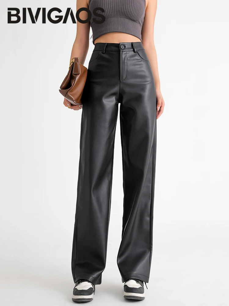 BIVIGAOS Otoño Invierno polar suelto pierna ancha pantalones de cuero cálidos mujeres botón bolsillo cintura alta grueso PU Casual Pantalones rectos