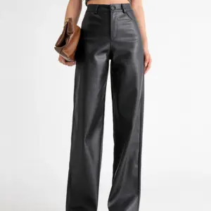 BIVIGAOS Otoño Invierno polar suelto pierna ancha pantalones de cuero cálidos mujeres botón bolsillo cintura alta grueso PU Casual Pantalones rectos