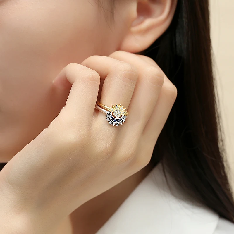 Anillos de plata de ley 925 para mujer, corona Original, corazón de amor, espoleta, compromiso, boda, anillo de cristal de oro rosa, joyería de lujo - Imagen 4
