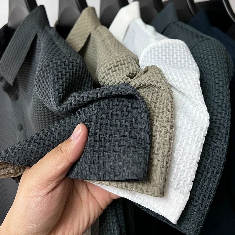 Camiseta informal de negocios que absorbe el sudor, ropa de marca superior, novedad de verano, camiseta de manga corta para hombre, POLO fresco y transpirable de seda helada - Imagen 3
