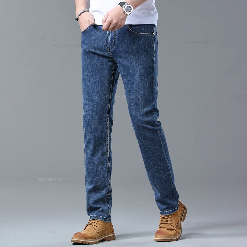 Pantalones vaqueros ajustados azul claro de primavera para hombre, pantalones vaqueros de tela elástica informales con estilo, pantalones clásicos gris humo - Imagen 5