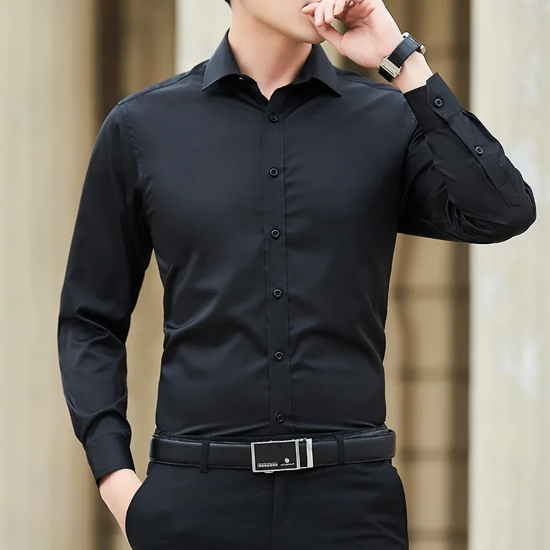 Nueva camisa de negocios de Color sólido de talla grande para hombre, camisa de manga larga blanca ajustada informal básica clásica a la moda, ropa de marca - Imagen 3