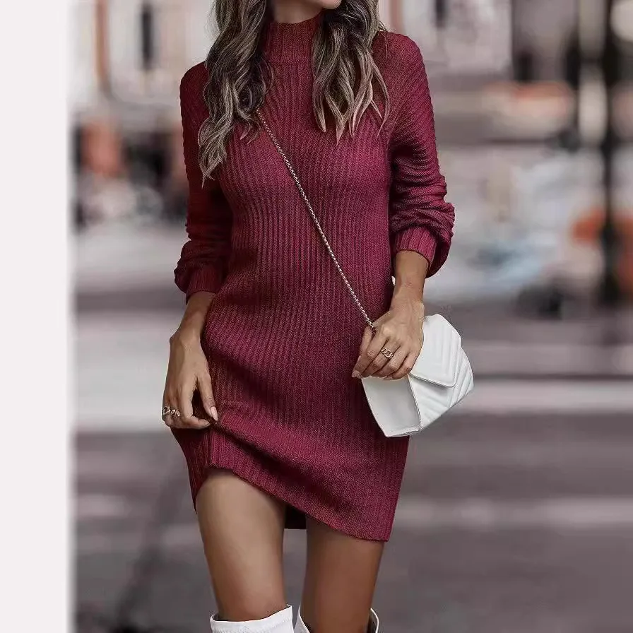 Jersey vestido suéter para mujer de manga larga con cuello alto de punto acanalado vestido corto ajustado 2025 Otoño Invierno vestidos de suéter ajustados - Imagen 3