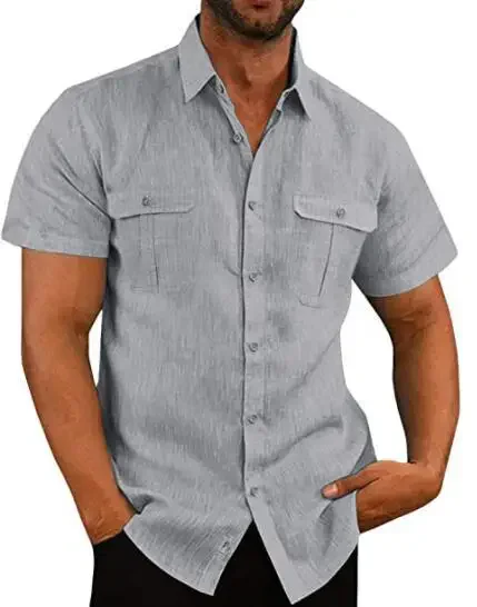 Camisas de Lino para Hombre, Oferta, Camisas de Manga Corta para Hombre, Color Sólido, Cuello Cómodo, Estilo Casual de Playa, Tallas Grandes, Camisas Masculinas M-4XL - Imagen 6