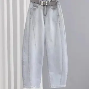 Plones vaqueros de mezclilla de pierna ancha para mujer, de cintura alta, elásticos, estilo banana, largos, con efecto ad...