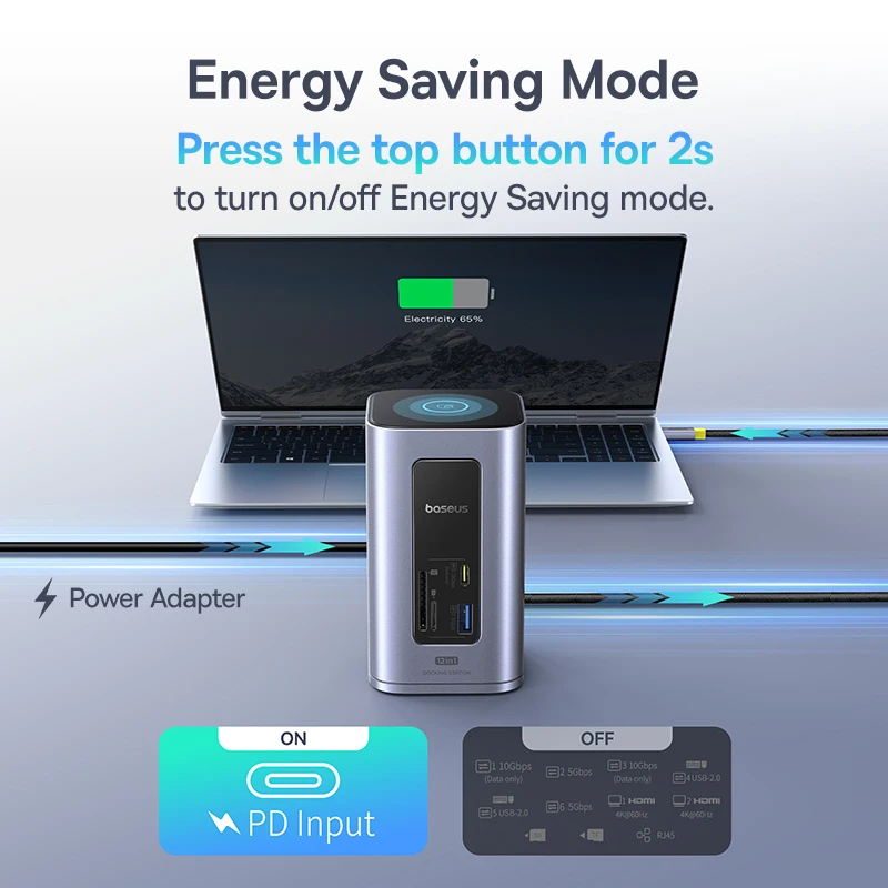 Baseus-HUB USB C 12 en 1 a HDMI, adaptador USB 3,2 de pantalla Dual de 4K @ 60Hz con estación de acoplamiento RJ45 SD TF PD de 100W para Hub Mac de ventana - Imagen 6