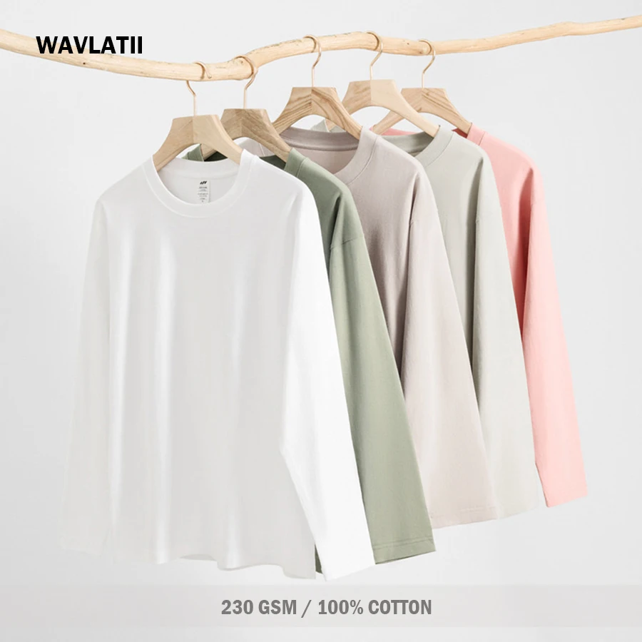 WAVLATII Nuevas camisetas de manga larga para mujer, color azul, 230 GSM, informales, holgadas, para dama, lisas, básicas, blancas, negras, WLT2470