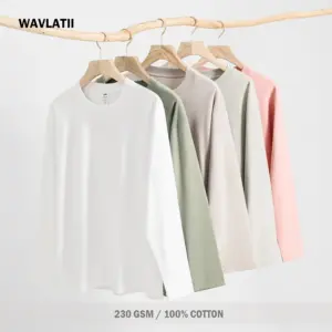 WAVLATII Nuevas camisetas de manga larga para mujer, color azul, 230 GSM, informales, holgadas, para dama, lisas, básicas, blancas, negras, WLT2470