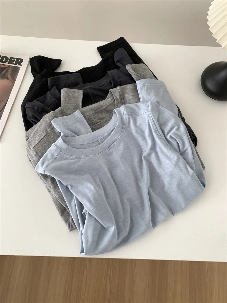 Camiseta de manga larga con empalme de lana de seda para mujer, Top fino suave y ceroso con respaldo de Color sólido para primavera y verano - Imagen 2
