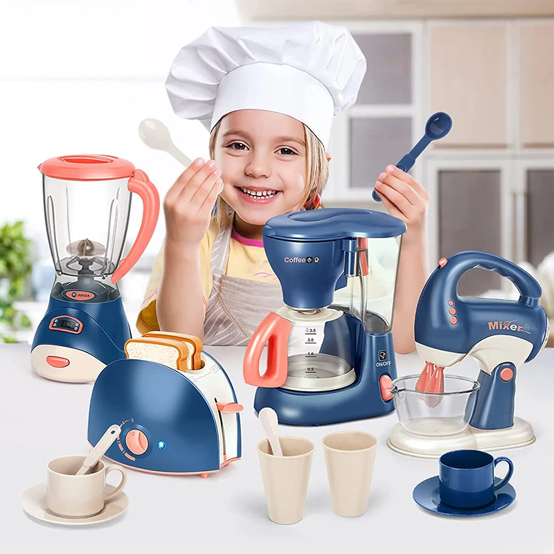 Mini electrodomésticos, juguetes de cocina, juego de simulación con cafetera, licuadora, mezclador y tostadora, regalos para niños y niñas