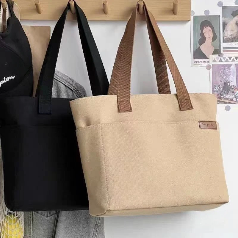 Bolso de mano de lona para mujer, bolsa de almacenamiento de 2 capas, gran capacidad, bolsa de transporte para ir al trabajo para estudiantes, bolsos de hombro portátiles, bolsa de compras - Imagen 2