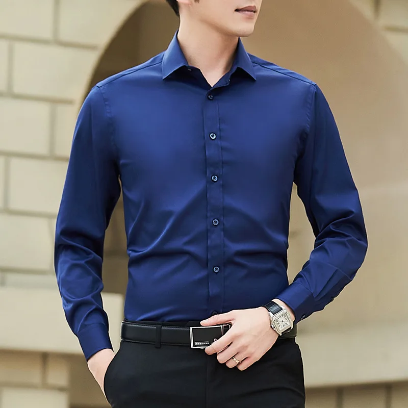 Nueva camisa de negocios de Color sólido de talla grande para hombre, camisa de manga larga blanca ajustada informal básica clásica a la moda, ropa de marca - Imagen 2