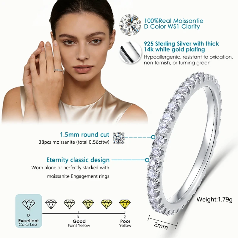 ALLNOEL-Anillo de boda de moissanita de 2mm, de plata de ley 925, Color D, VVS1, apilable, para mujer, joyería fina - Imagen 3