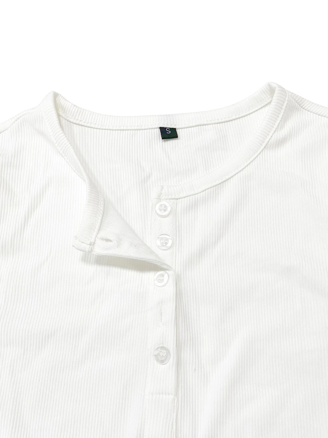 Camiseta acanalada frontal con medio botón liso para mujer, top de moda, camiseta informal de manga larga con cuello redondo - Imagen 6