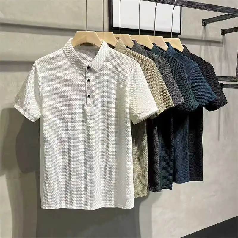 Camiseta informal de negocios que absorbe el sudor, ropa de marca superior, novedad de verano, camiseta de manga corta para hombre, POLO fresco y transpirable de seda helada - Imagen 2