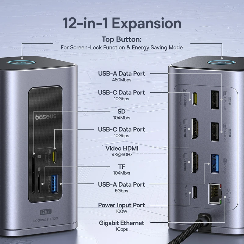 Baseus-HUB USB C 12 en 1 a HDMI, adaptador USB 3,2 de pantalla Dual de 4K @ 60Hz con estación de acoplamiento RJ45 SD TF PD de 100W para Hub Mac de ventana - Imagen 4