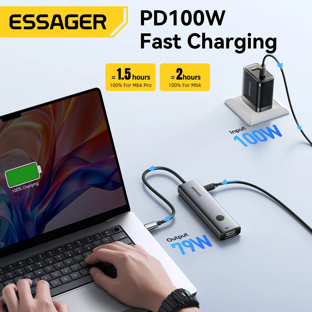 Essager USB C HUB 4K 7-en-1 tipo C a HDMI PD 100W SD y TF USB 3,0 5Gbps adaptador multipuerto para MacBook portátil iPad teléfono divisor - Imagen 5