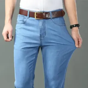 Nuevos pantalones vaqueros finos de seda de hielo para hombres, pantalones de algodón elásticos rectos azules, pantalones ligeros informales de negocios para primavera y verano