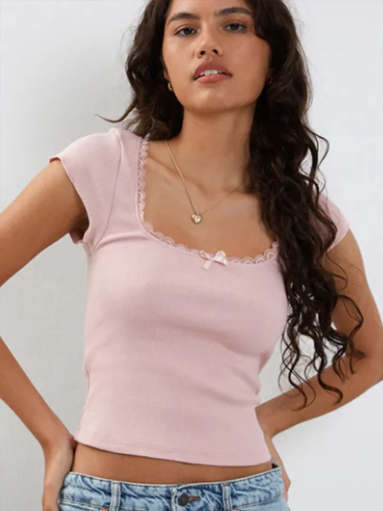 Camiseta Vintage y2k para bebé, camiseta de punto con ribete de encaje de cabaña, camiseta de manga corta con cuello cuadrado de verano para mujer, Top corto blanco de la lechera - Imagen 4