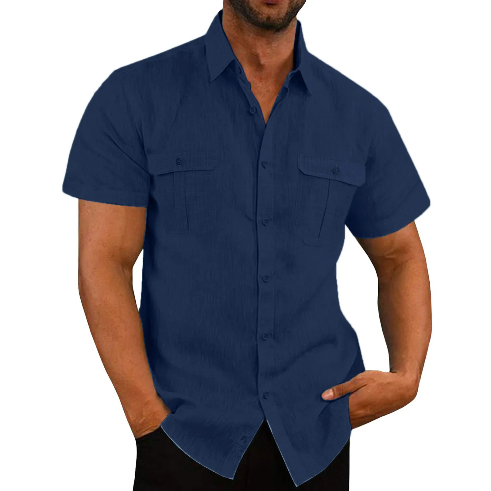 Camisas de Lino para Hombre, Oferta, Camisas de Manga Corta para Hombre, Color Sólido, Cuello Cómodo, Estilo Casual de Playa, Tallas Grandes, Camisas Masculinas M-4XL - Imagen 3