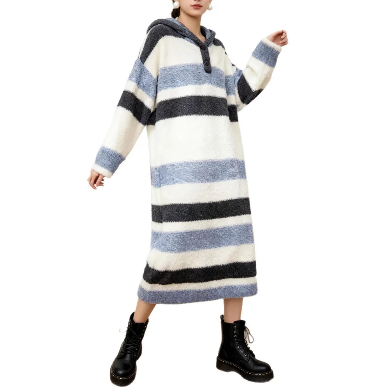 Vestido de Mujer Casual con Capucha y Rayas, Estilo Nuevo Primavera-Otoño 2026, Cálido y Holgado - Imagen 5