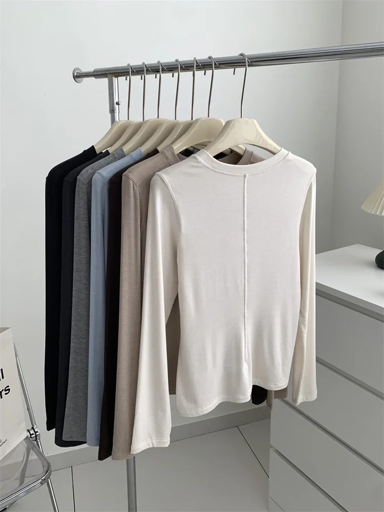 Camiseta de manga larga con empalme de lana de seda para mujer, Top fino suave y ceroso con respaldo de Color sólido para primavera y verano - Imagen 5