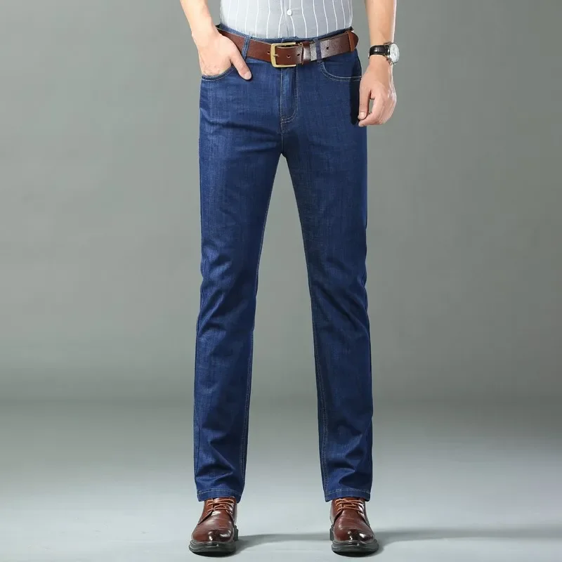 Nuevos pantalones vaqueros finos de seda de hielo para hombres, pantalones de algodón elásticos rectos azules, pantalones ligeros informales de negocios para primavera y verano - Imagen 6