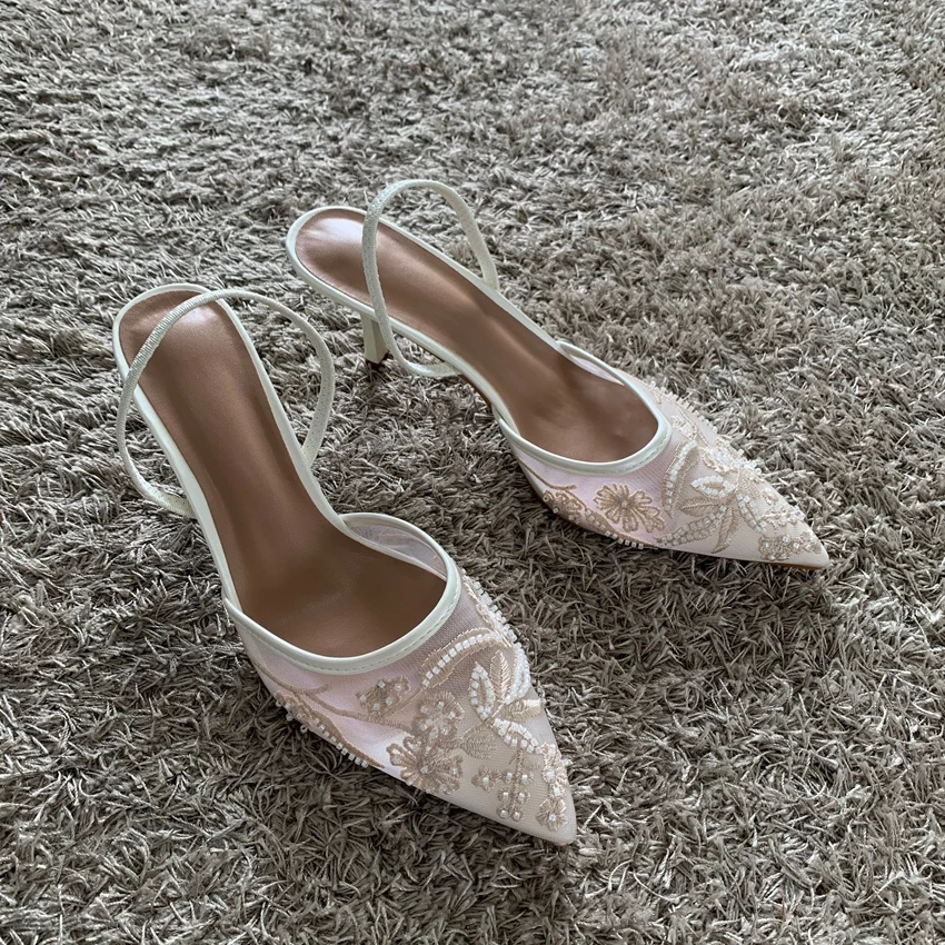 Sandalias De tacón alto finas bordadas De malla