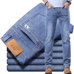 Pantalones vaqueros ajustados azul claro de primavera para hombre, pantalones vaqueros de tela elástica informales con estilo, pantalones clásicos gris humo