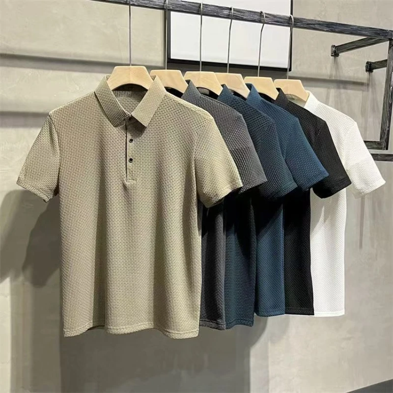 Camiseta informal de negocios que absorbe el sudor, ropa de marca superior, novedad de verano, camiseta de manga corta para hombre, POLO fresco y transpirable de seda helada