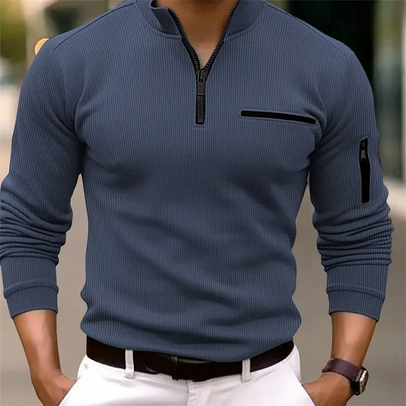 Nueva Camisa Polo de Manga Larga para Hombre, Estilo Retro Deportivo, Casual, de Lujo Ligero, con Cierre de Cremallera y Rayas, para Actividades al Aire Libre - Imagen 3