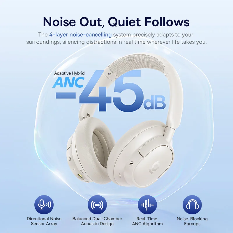 Auriculares Inalámbricos Baseus Bass EH10 NC con Bluetooth 6.0, Cancelación de Ruido de 45 dB, Auriculares Supraaurales con Audio Espacial, 80 Horas de Duración - Imagen 4