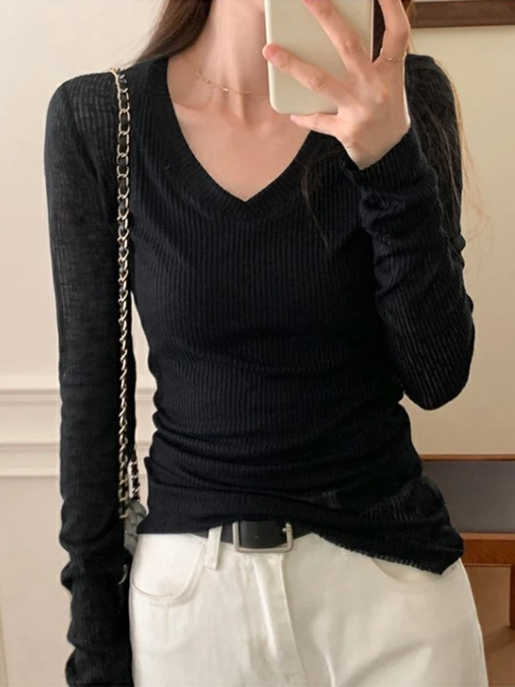 Camiseta de manga larga para mujer, camisas informales ajustadas lisas con perspectiva fina, jerséis para mujer, camiseta básica, ropa Y2k, Top de calle - Imagen 6