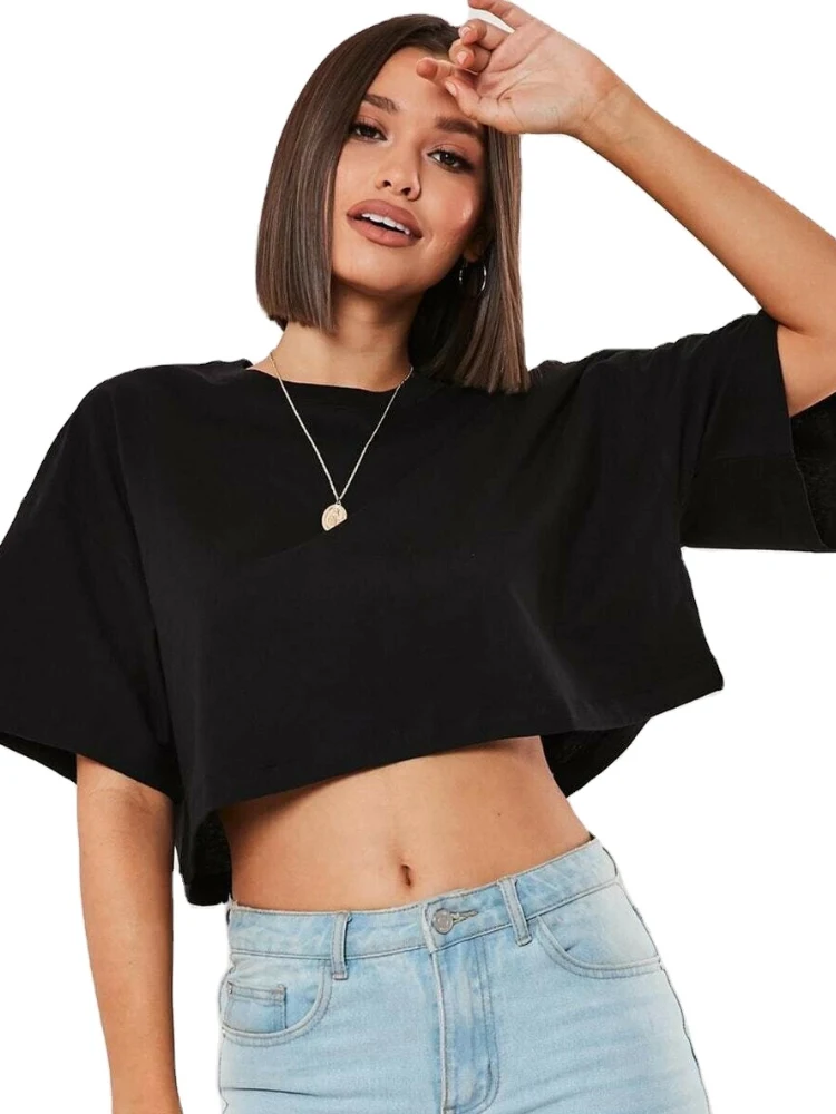 Ropa de algodón de manga corta para mujer, ropa para correr y bailar, Top corto para Yoga y Fitness, Camiseta deportiva holgada para el ombligo, camisetas de entrenamiento para gimnasio