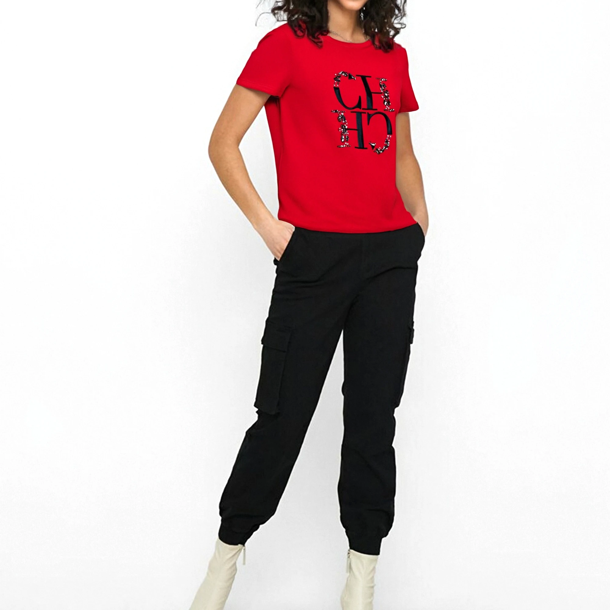 CHCH-Camiseta para mujer, Top informal bordado a mano de industria pesada, ropa sencilla de manga corta con cuello redondo, 2025 - Imagen 2