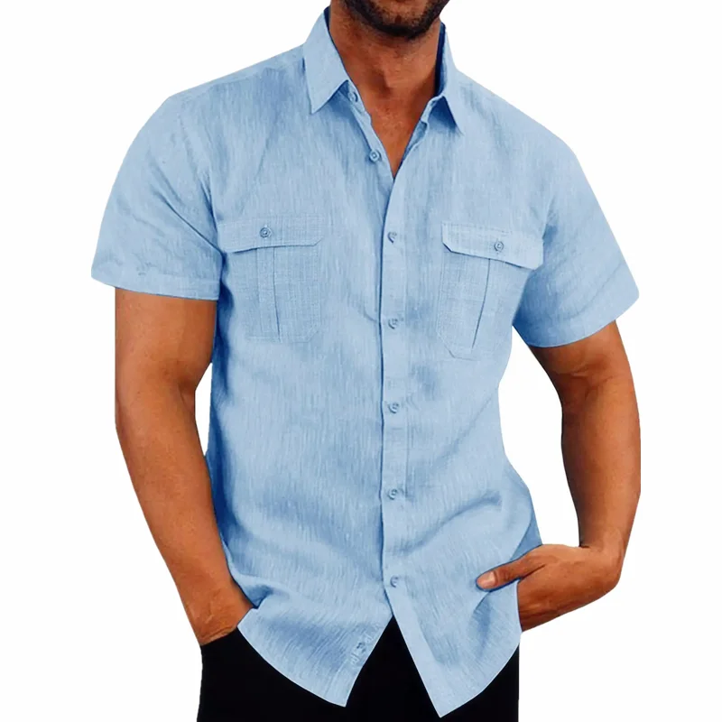 Camisas de Lino para Hombre, Oferta, Camisas de Manga Corta para Hombre, Color Sólido, Cuello Cómodo, Estilo Casual de Playa, Tallas Grandes, Camisas Masculinas M-4XL - Imagen 2