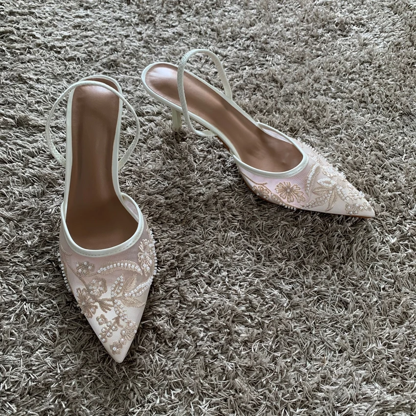 Sandalias De tacón alto finas bordadas De malla para Mujer, zapatos De tacón sexis con talón descubierto y punta estrecha, zapatos De vestir, Sandalias De Mujer 2025 - Imagen 6