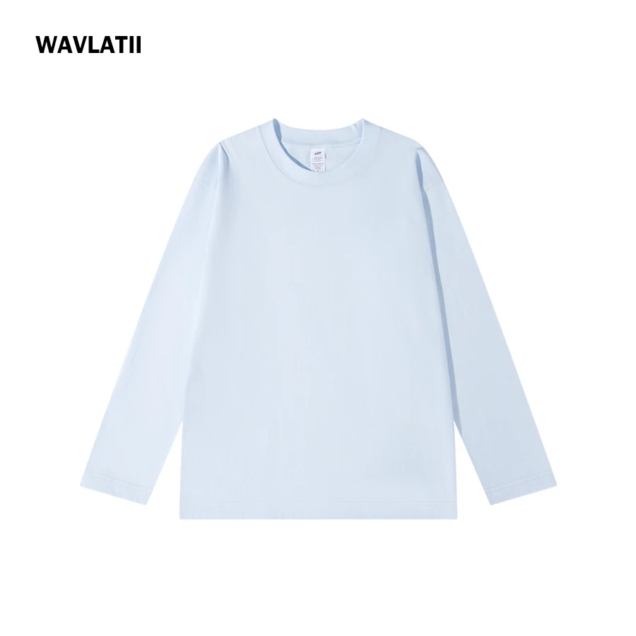 WAVLATII Nuevas camisetas de manga larga para mujer, color azul, 230 GSM, informales, holgadas, para dama, lisas, básicas, blancas, negras, WLT2470 - Imagen 2