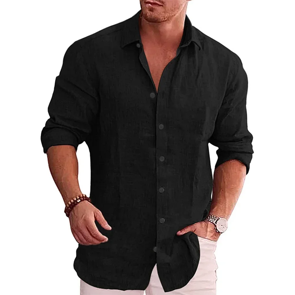 Camisa de manga larga de algodón y lino para hombre, superventas de otoño, Color sólido, estilo informal, camisa de lino informal de talla grande para hombre - Imagen 2