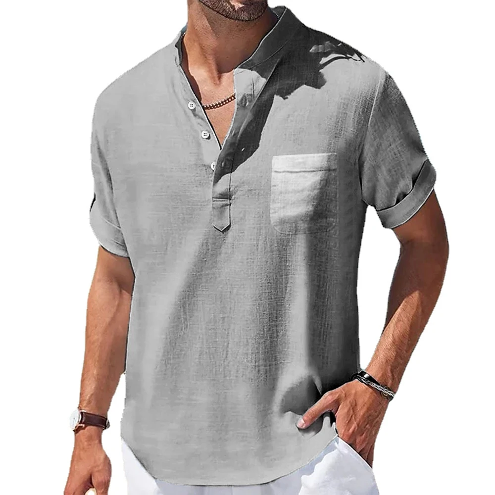 Nueva camisa informal de lino de manga corta de Color sólido con cuello levantado para hombre, Top básico holgado y transpirable a la moda con bolsillo para jóvenes - Imagen 2