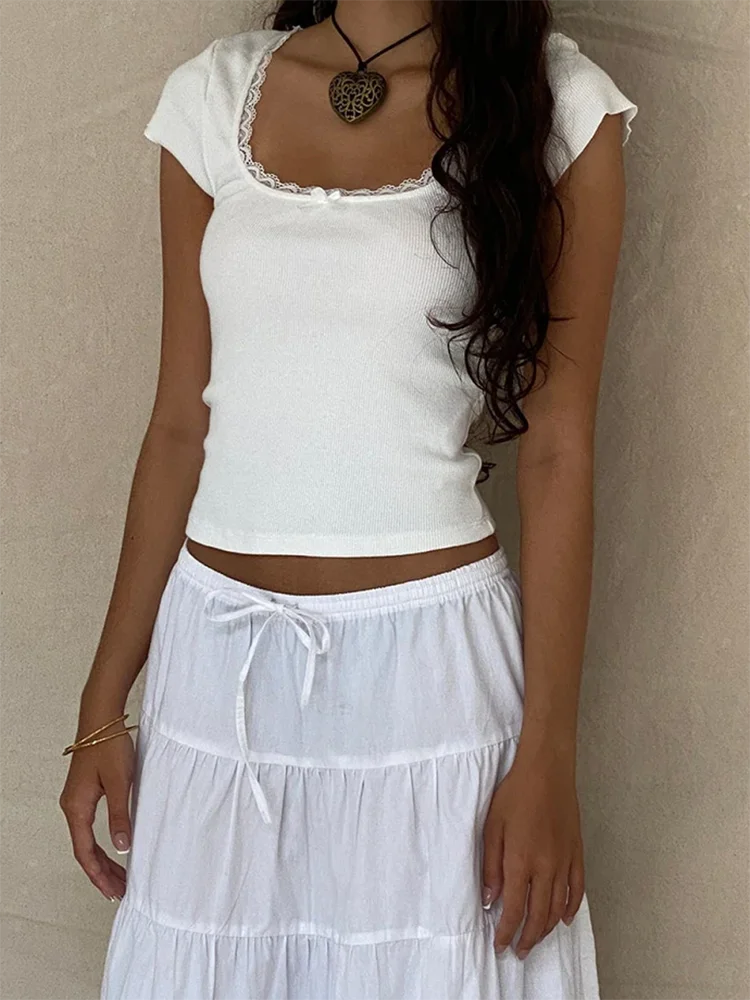 Camiseta Vintage y2k para bebé, camiseta de punto con ribete de encaje de cabaña, camiseta de manga corta con cuello cuadrado de verano para mujer, Top corto blanco de la lechera - Imagen 5