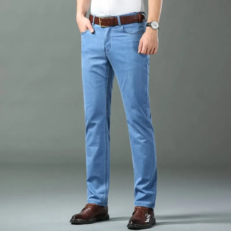 Nuevos pantalones vaqueros finos de seda de hielo para hombres, pantalones de algodón elásticos rectos azules, pantalones ligeros informales de negocios para primavera y verano - Imagen 2