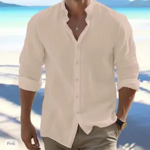 Camisas de manga larga para hombre, gran oferta de lino y algodón, Color sólido, cuello levantado, estilo informal de playa de talla grande, verano