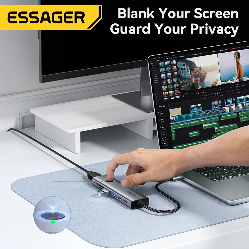 Essager USB C HUB 4K 7-en-1 tipo C a HDMI PD 100W SD y TF USB 3,0 5Gbps adaptador multipuerto para MacBook portátil iPad teléfono divisor - Imagen 4